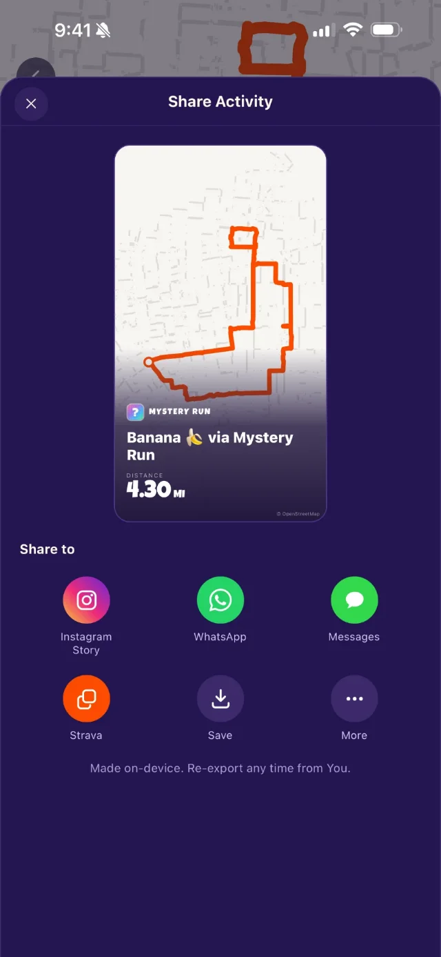 The share screen after a run, showing a banana drawn on the map, 4.30 miles